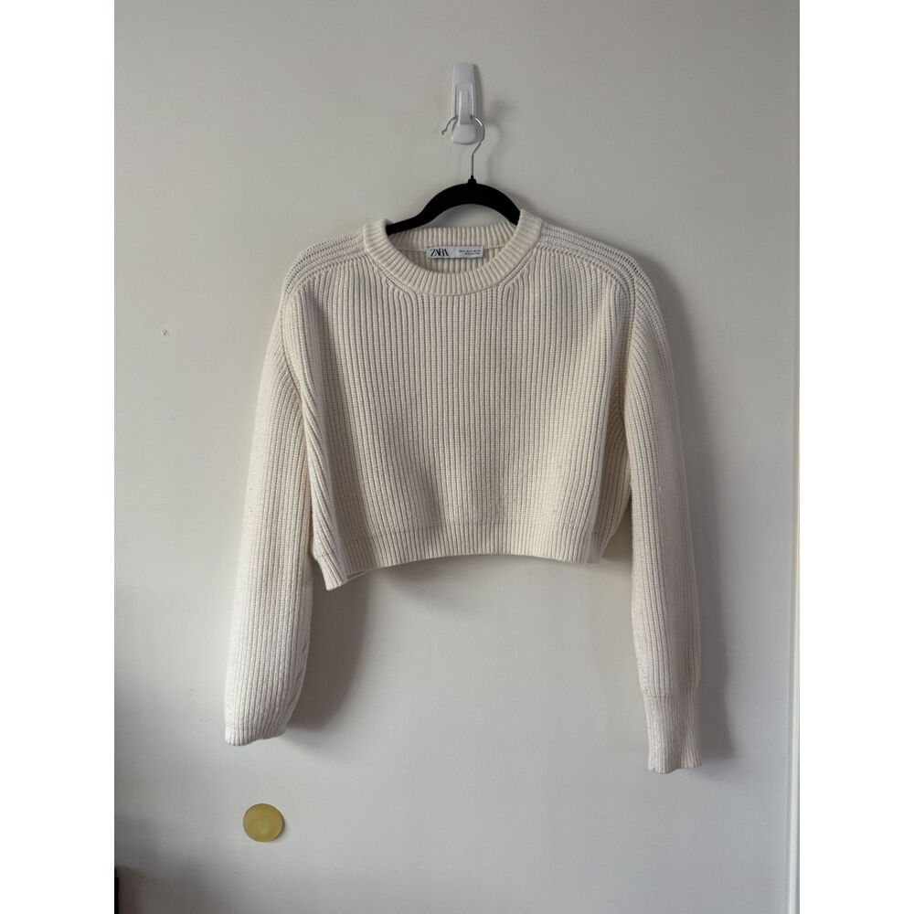 Zara Cropped Ribbed Knit Sweater, Cream, Women's Size S